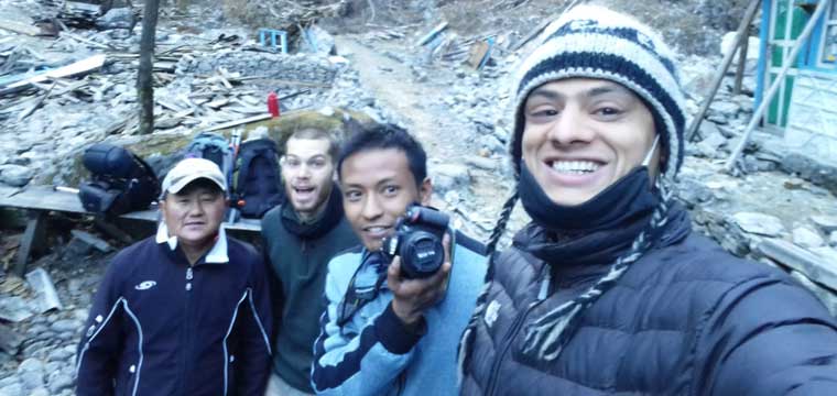 Langtang Field Team. From left, Ashish (Guide), Connors (Visiting Staff), Raz & Me (HGT staff).