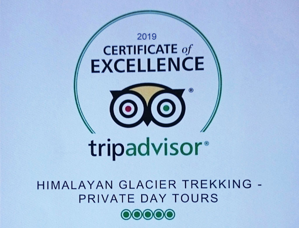 Certificate of excellence tripadvisor 2019 for Himalayan Glacier