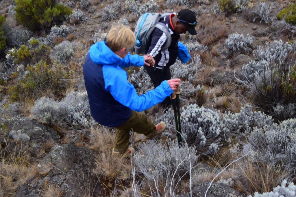 Our client being guided by Himalayan Glacier staff at Kilimanjaro trek in Tanzania amidst the coronavirus pandemic