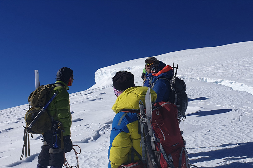 Crowded path to the top of Mera Peak during Spring;