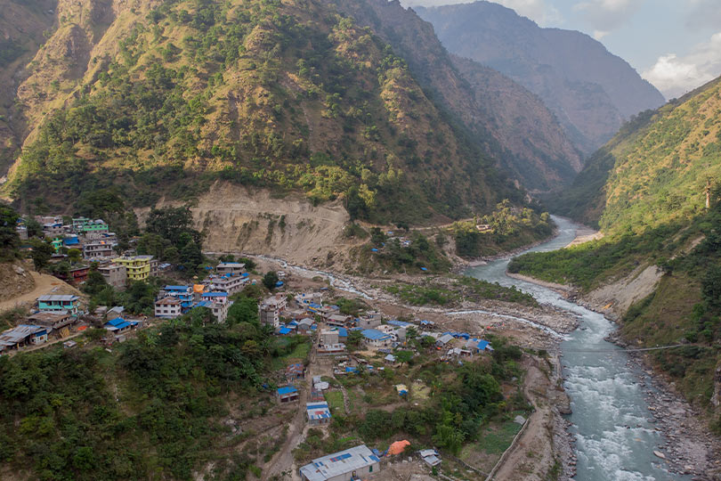 Beautiful aerial shot of Jagat Village along Manaslu Circuit taken with a drone; a place worth to get permit for flying drone in Nepal