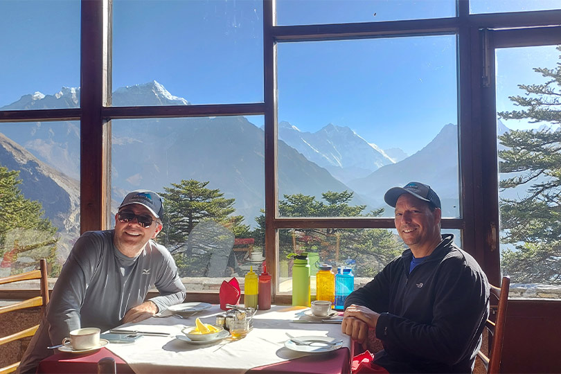 Our Recent Clients enjoying breakfast with a magnificent view of everest and other mountains