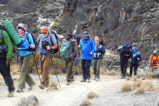 Choosing the best route to climb Mount Kilimanjaro Tourist climbing the best route to hike Mount Kilimanjaro