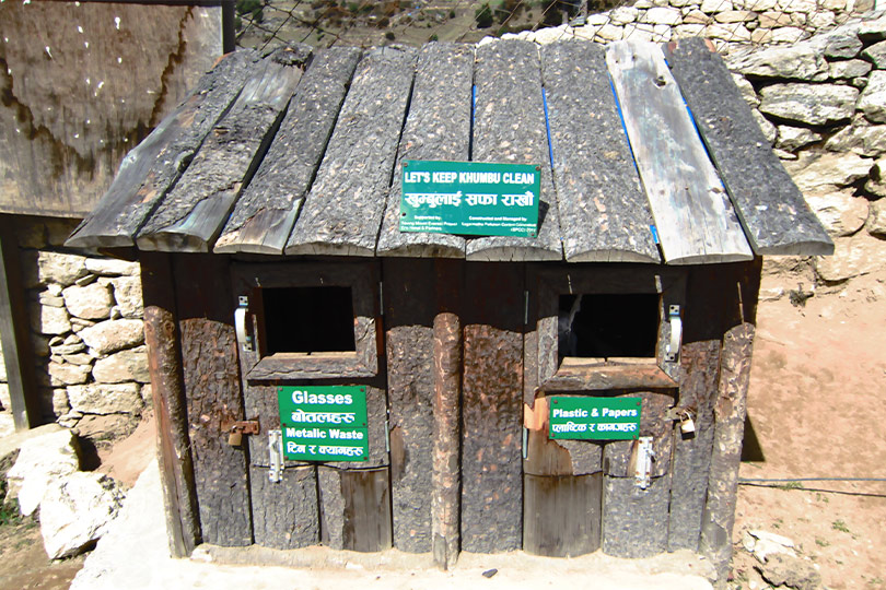 Designated rubbish bin along the Everest trail; throwing rubbish in a designated spot is a way of being a responsible traveler